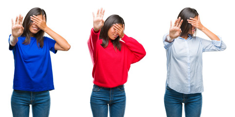Obraz premium Collage of asian young woman standing over white isolated background covering eyes with hands and doing stop gesture with sad and fear expression. Embarrassed and negative concept.