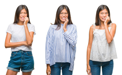 Obraz premium Collage of asian young woman standing over white isolated background looking stressed and nervous with hands on mouth biting nails. Anxiety problem.