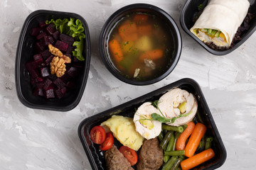 ready meal to eat on chalk background, top view