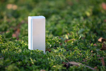 White packaging box, mockup carton cardboard and green leaves on nature background. Natural beauty blank label for branding mockup concept