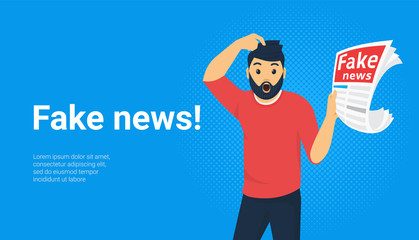 Fake news and and information fabrication concept flat vector illustration of young people reading fake news