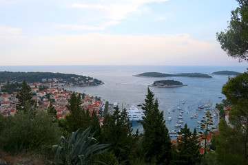 Promenade and archipelago in town Hvar, on island Hvar, Croatia. Hvar is popular usmmer travel destination.