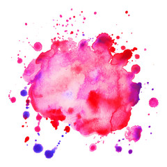 Abstract isolated watercolor spot with droplets, smudges, stains, splashes.