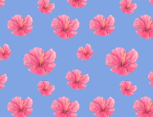 Watercolor pink flowers pattern blossoms background. Wedding card, celebration, invite card design blue background