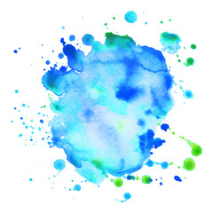 Abstract isolated watercolor spot with droplets, smudges, stains, splashes.