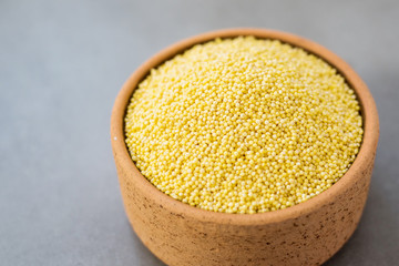 Organic millet seeds in a ceramic bowl, healthy and is gluten-free food.