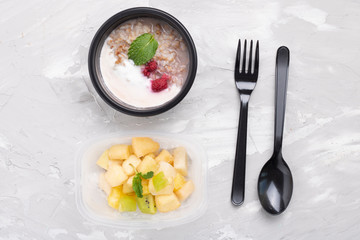 Fototapeta na wymiar oat porridge and strawberries, proper nutrition for whole day, ready breakfast