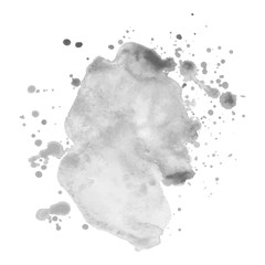 Gray watercolor spot with droplets, smudges, stains, splashes. Grayscale blot in grunge style.
