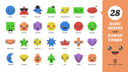 Big set vector basic shapes with kawaii emojis face. Cartoon emotion character on a geometry figures circle, triangle, square, oval, plus, rectangle, kite, shield, semicircle with emoticon expression.