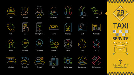Vector taxi cab car service editable stroke color line icon set on a black background with motor vehicle, driver, passenger, people, fare, call and city traffic thin outline colorful sign. © Yuriy
