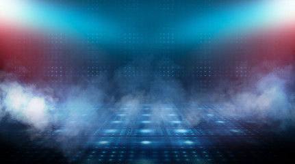 Fototapeta premium Dark empty scene, blue neon searchlight light, wet asphalt, smoke, night view, rays.