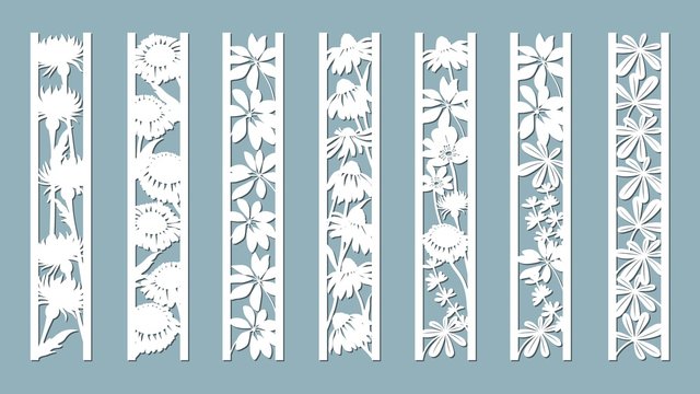 Echinacea, chamomile, schefler, noble hepatica, zephyrantes, stokesia. Panels with floral pattern. Flowers and leaves. Laser cut. Set of bookmarks templates. Image for laser cutting, plotter cutting o