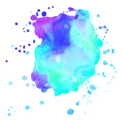 Abstract isolated watercolor spot with droplets, smudges, stains, splashes.