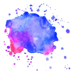 Abstract isolated watercolor spot with droplets, smudges, stains, splashes.