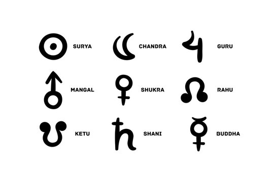Vedic Astrology Jyotish Signs graha. Surya chandra guru mangal shukra rahu ketu shani buddhi illustration