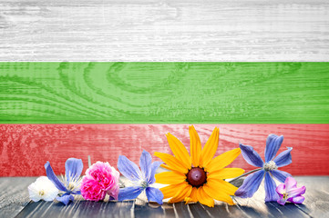 Grunge flag of Bulgaria with wildflowers. Wooden texture. Background for design and text.