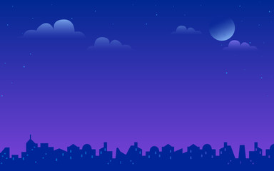 Night city landscape vector gradient illustration of bright moon and stars in the purple sky