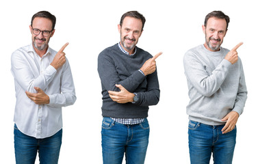 Collage of handsome senior man over white isolated background Pointing with hand finger to the side showing advertisement, serious and calm face