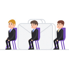 Businessmen sit in a chair and wait for their turn, job interview, small characters in cartoon style
