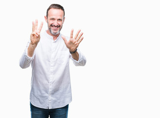 Naklejka premium Middle age hoary senior man over isolated background showing and pointing up with fingers number eight while smiling confident and happy.
