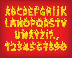 Letters from a to z and numbers 0-9 in flames. Yelow burning cartoon font on red background. Isolated vector alphabet symbols