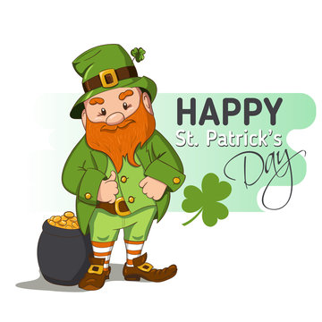 Happy Saint Patricks day illustration. Hand drawn Leprechaun cgaracter with green clover leaf. Vector illustration.