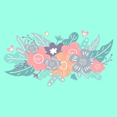 Floral hand drawn design elements. Pastel abstract flowers and leaves pattern. Spring print for posters and greeting cards.