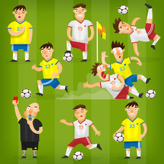 Set of colorful football players on different positions playing soccer on a green field
