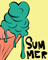 Cartoon style vector illustration of green dripping ice cream with balck lettering Summer. Great design elements for card, print or poster. Unique and fun drawing isolated on yellow background