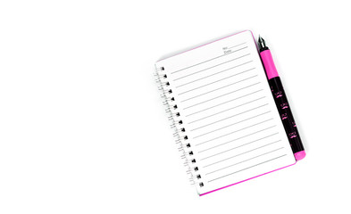 White notebook with stylish pen, isolated on white background.