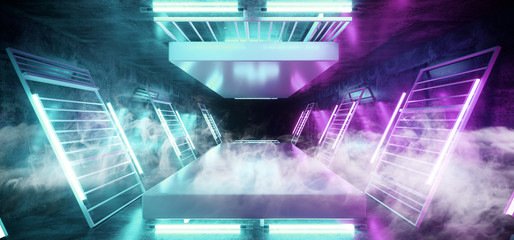 Smoke Stage Dance Neon Laser Ultraviolet Purple Pink Blue Fluorescent Sci Fi Futuristic Retro Light Tubes Scene  Grunge Concrete Reflective Podium Corridor 3D Rendering