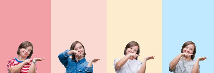 Obraz premium Collage of down syndrome woman over colorful stripes isolated background amazed and smiling to the camera while presenting with hand and pointing with finger.