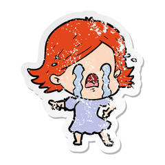 distressed sticker of a cartoon woman crying
