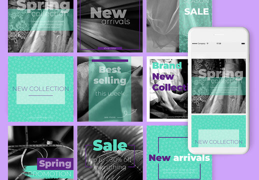 12 Social Media Post Layouts with Violet and Teal Accents
