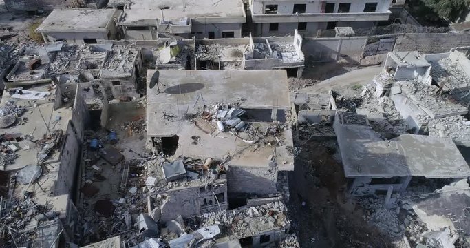 Damascus suburb destroyed in aerial view, Syria