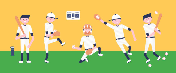 Vector Illustration. Set of baseball  cartoon players: catcher, pitcher in modern flat style. Baseball equipment icon. Baseball characters team