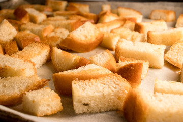 Fresh fried (baked) crunchy crispy golden croutons (traditional snack like cracker) from white bread