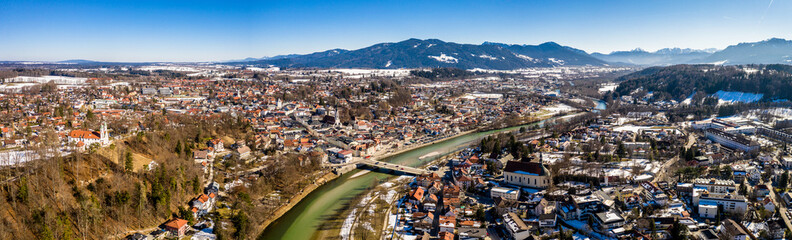 aerial famous old town of bad toelz february snow. Mountains Isar river bavaria germany