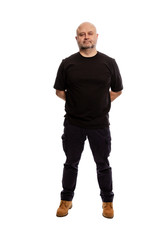 Bald middle-aged man, full-length, isolated on white background