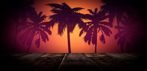 Empty stage with wooden table. Wooden table tropical leaves, palm trees. Night view of tropical leaves.