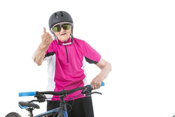 Elderly woman in pink shirt with a bike