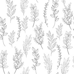 Fototapeta premium Vector flower black-white pattern. Seamless botanic texture, detailed flowers illustrations. Floral pattern in doodle style, spring floral background.