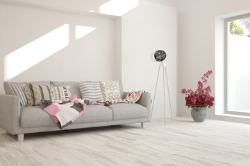 Fototapeta na wymiar White stylish minimalist room with sofa. Scandinavian interior design. 3D illustration