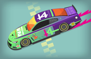 Poster with colorful fast motor racing car on a start line. Vector illustration.