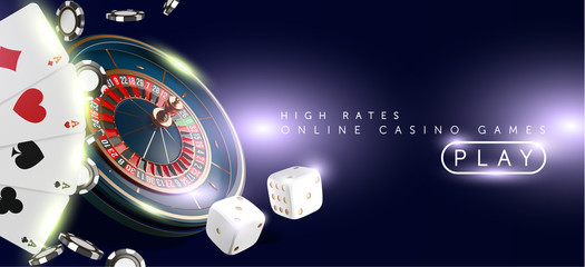 Online casino banner or flyer background. Vegas casino roulette wheel isolated on blue background. 3d realistic vector illustration. Online poker casino roulette gambling backdrop concept design.
