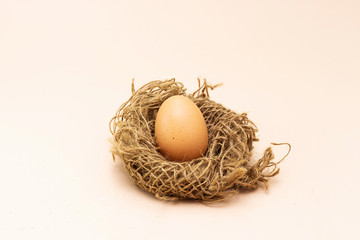 organic egg on nest isolated on pink background