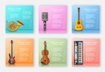 Musical background made of different musical instruments, treble clef and notes. Text place.