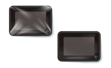 Mockup Black realistic plastic food container wrapped by polyethylene and without the wrapper. Vector Rectangle Blank Styrofoam tray, Template for your design. For example, packaged air. Illustration.