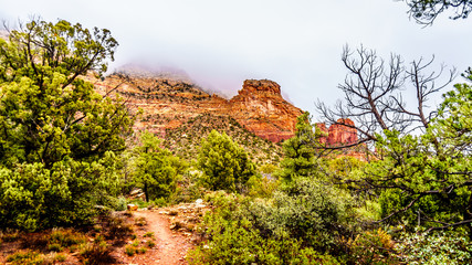 Fototapeta na wymiar Clouds hanging over the Lower Chimney Rock Trail, a hiking trail to Chimney Rock, a sandstone butte at the town of Sedona in northern Arizona, United States of America