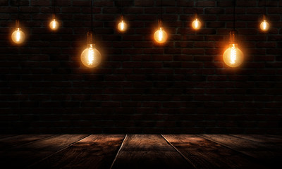 Dark empty room, wooden table, brick walls, lamps. Night view.